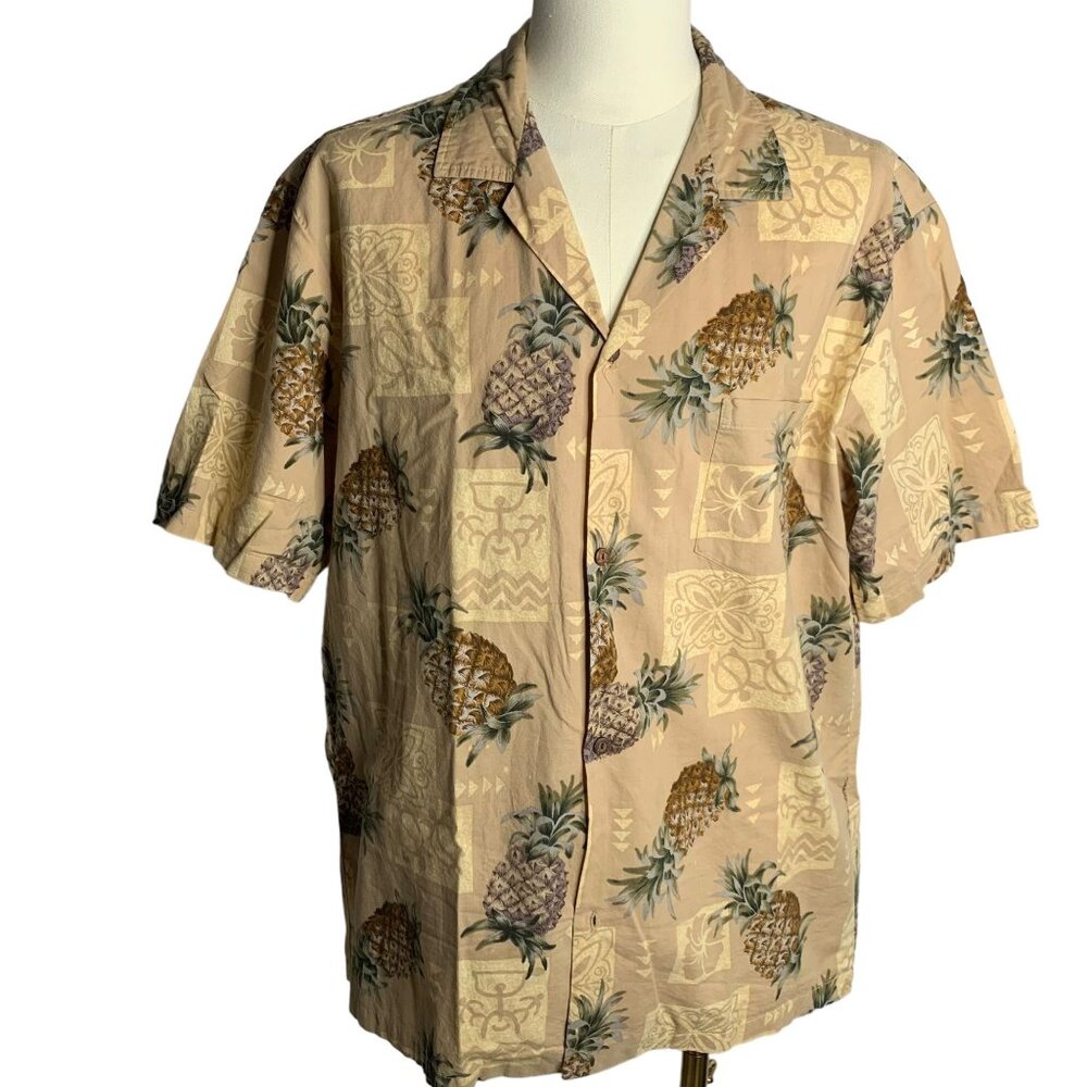 Button Up Hawaiian Camp Shirt XL Tan Pineapples Polynesian Short Sleeve Pocket